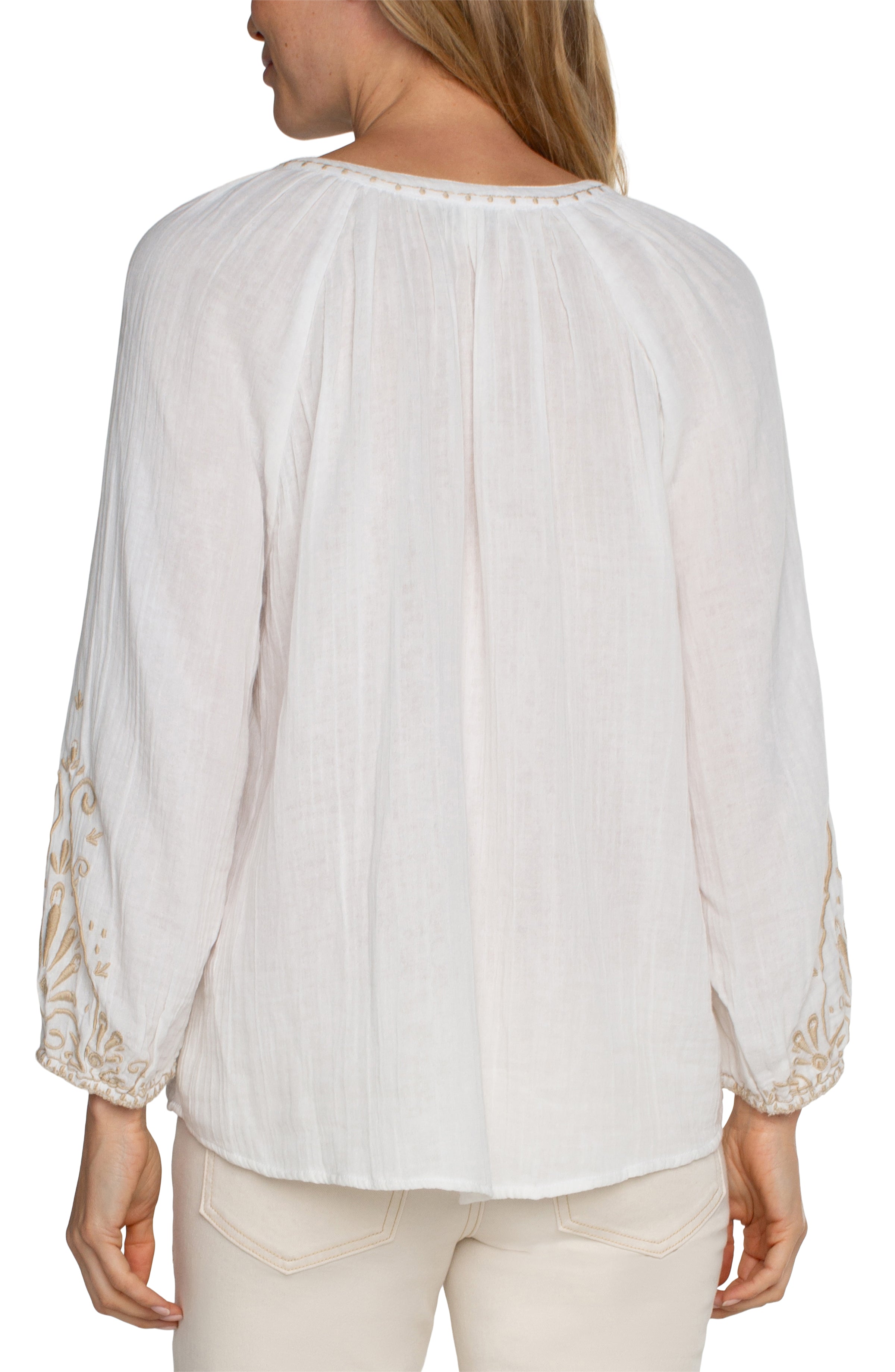LVP Long Sleeve Embroidered Woven Top - Off White with Tan Back View