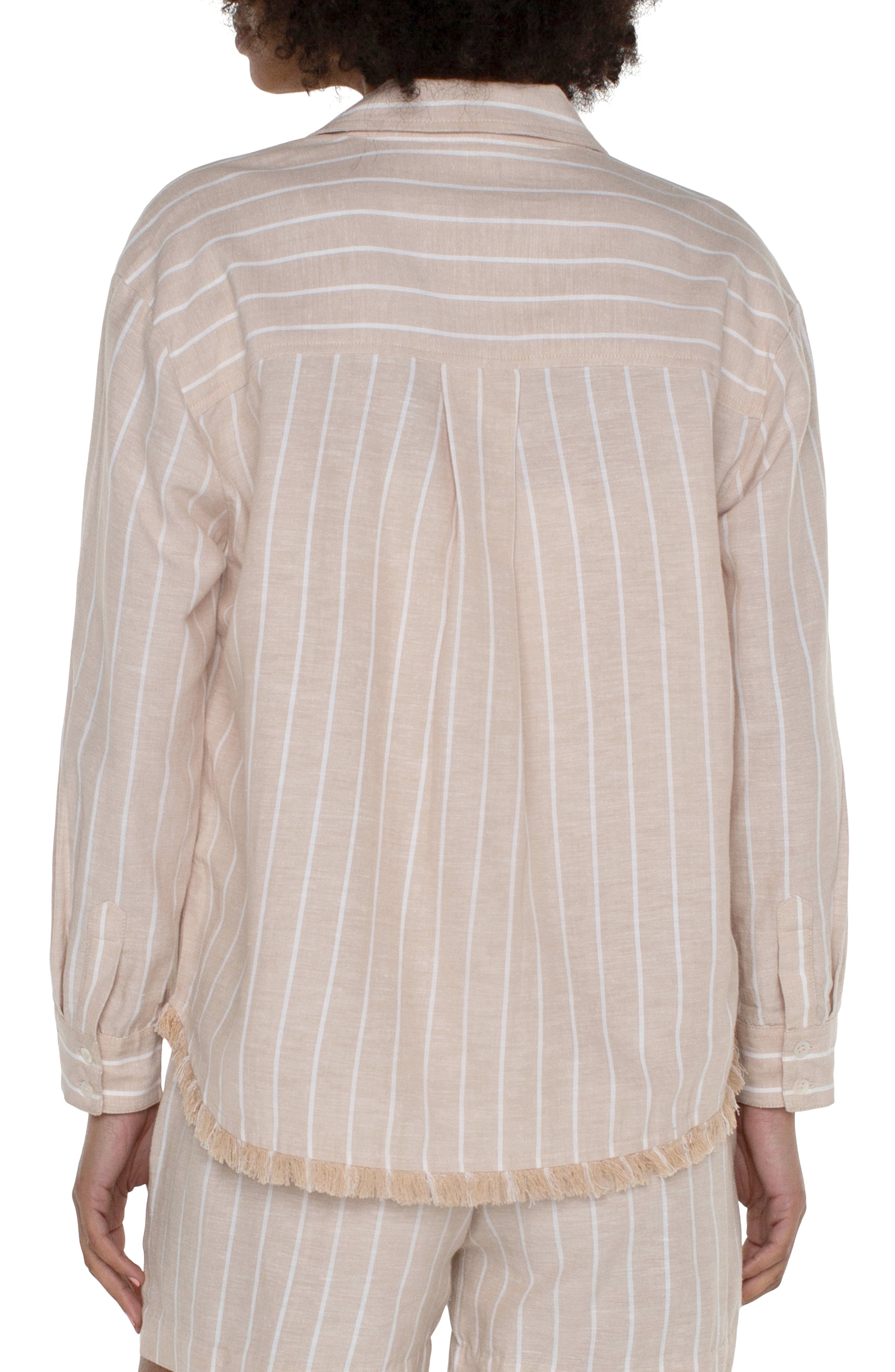 LVP Long Sleeve Button Front Shirt with Fray - Tan Yarn Dyed Stripe Back View