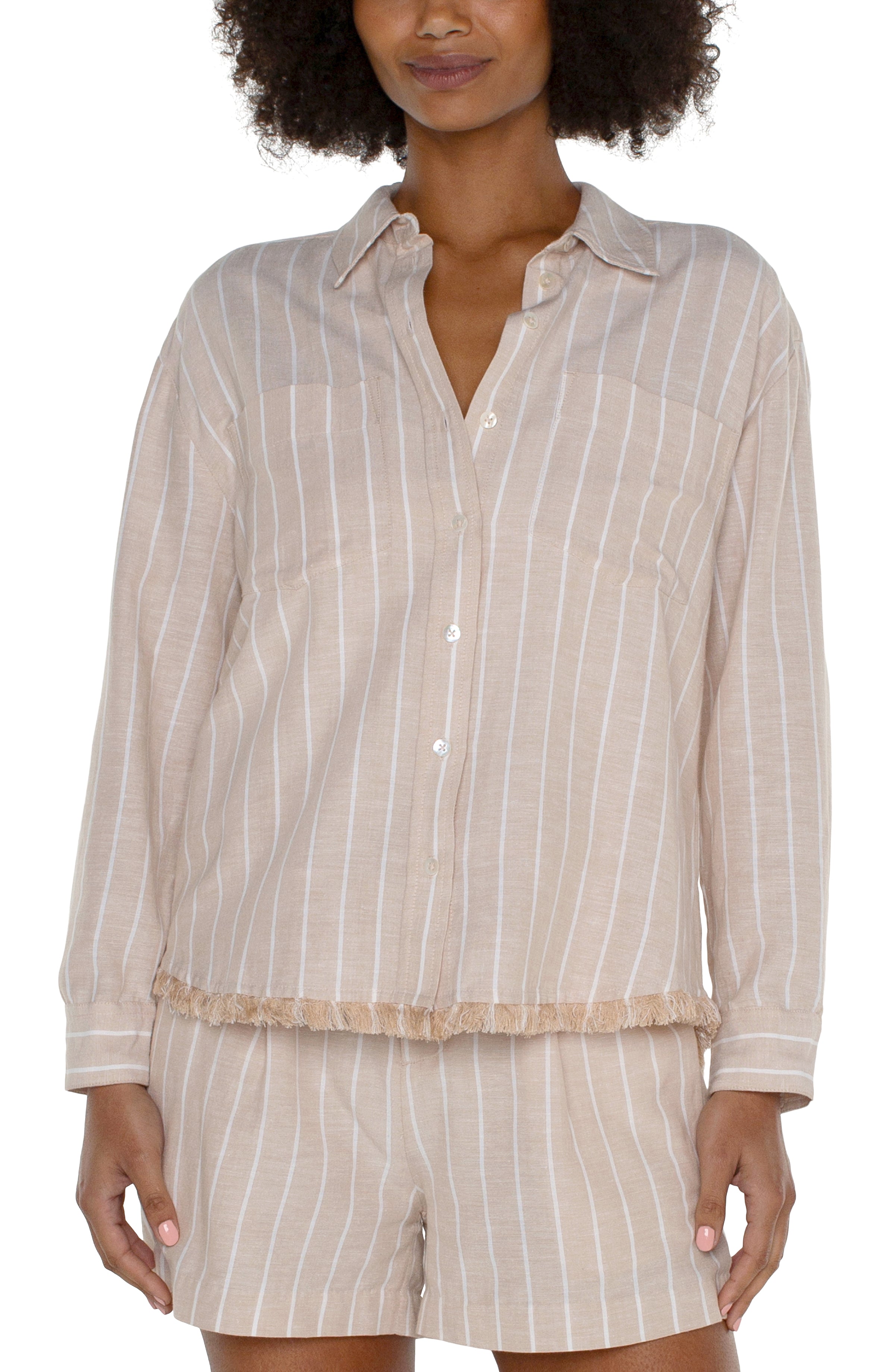 LVP Long Sleeve Button Front Shirt with Fray - Tan Yarn Dyed Stripe Closed Front View