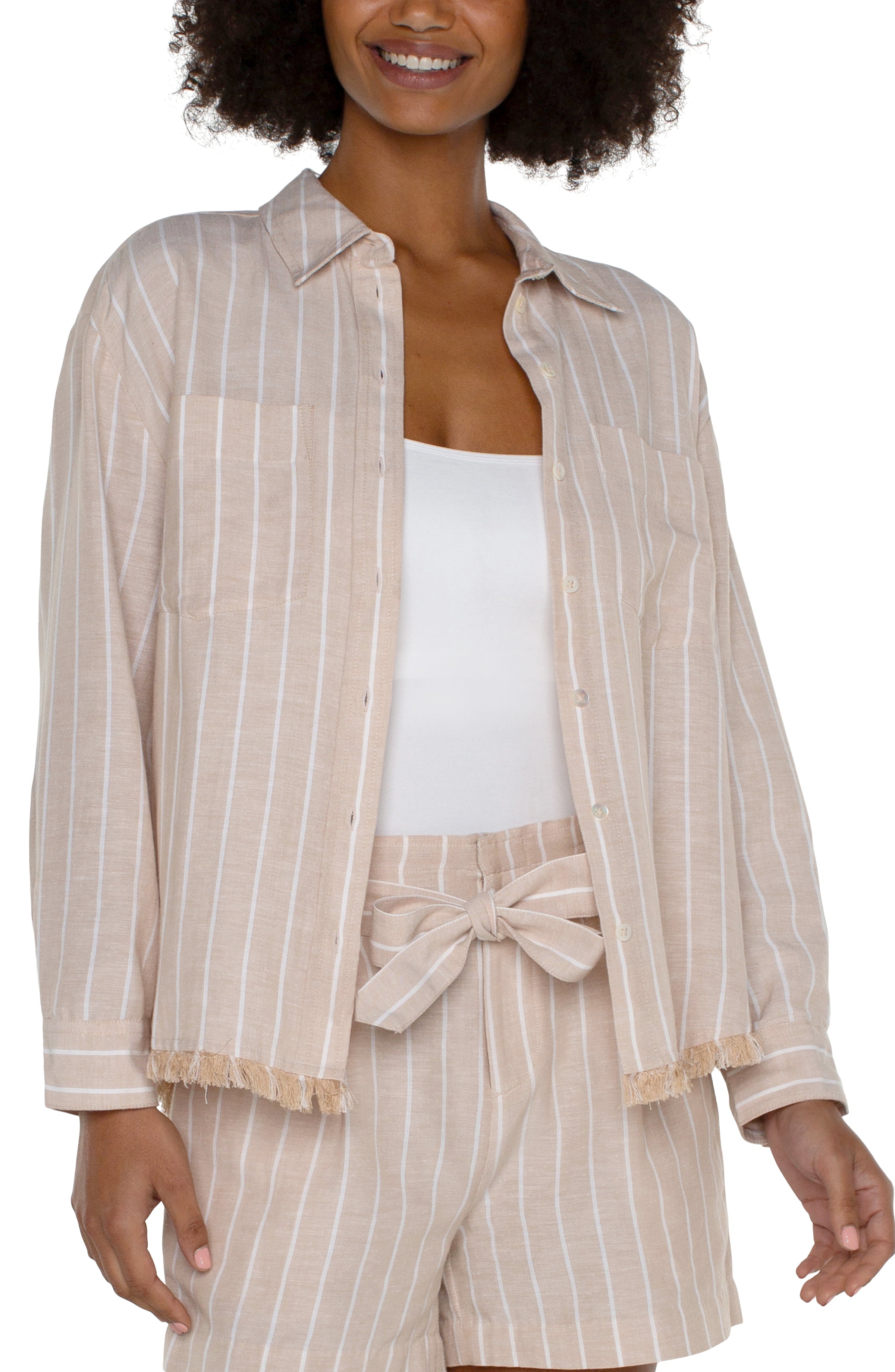 LVP Long Sleeve Button Front Shirt w Fray - Tan Yarn Dyed Stripe Open Front View