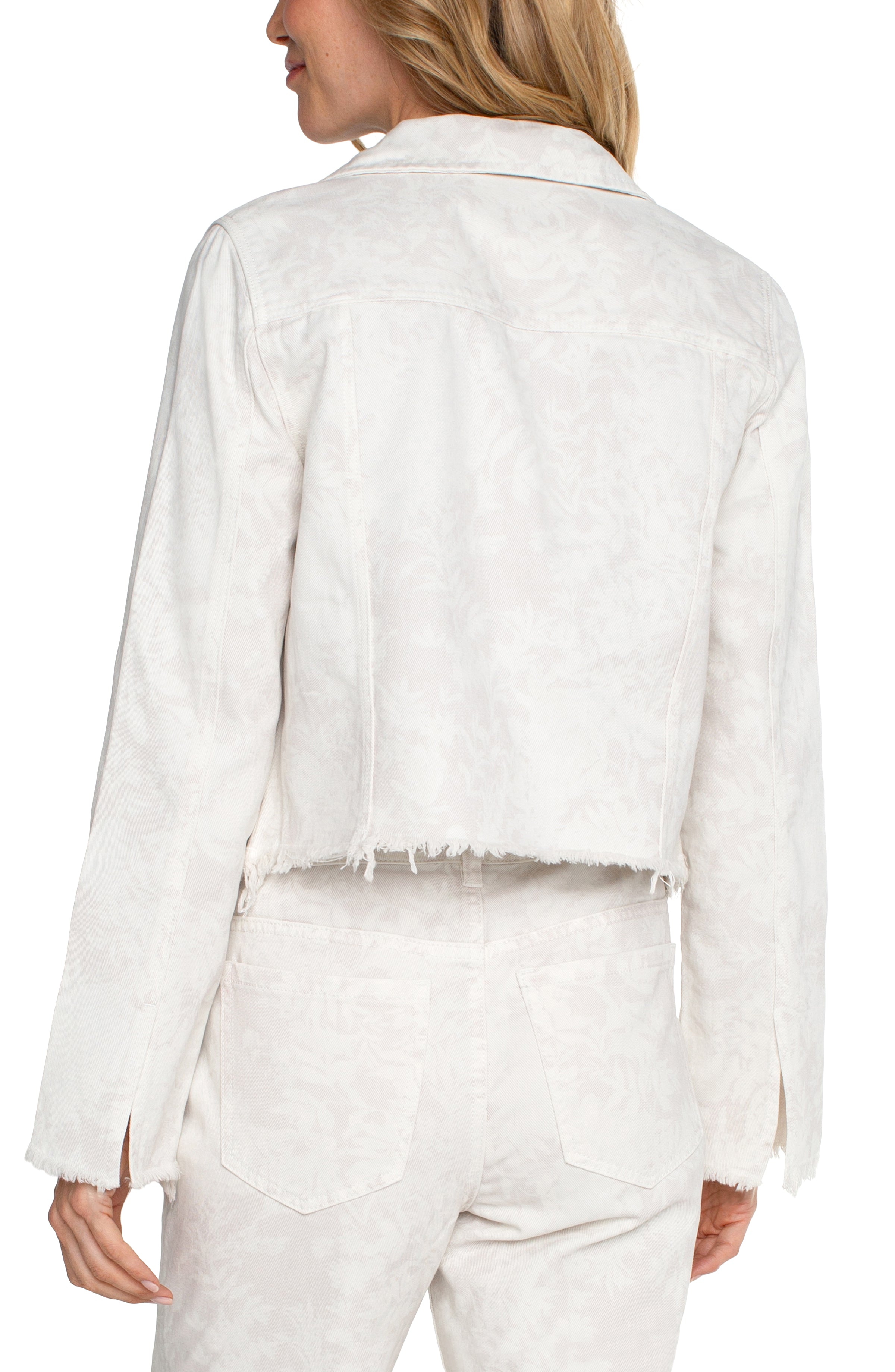 LVP Printed Cropped Jacket with Fray Hem - Ecru White Floral Back View