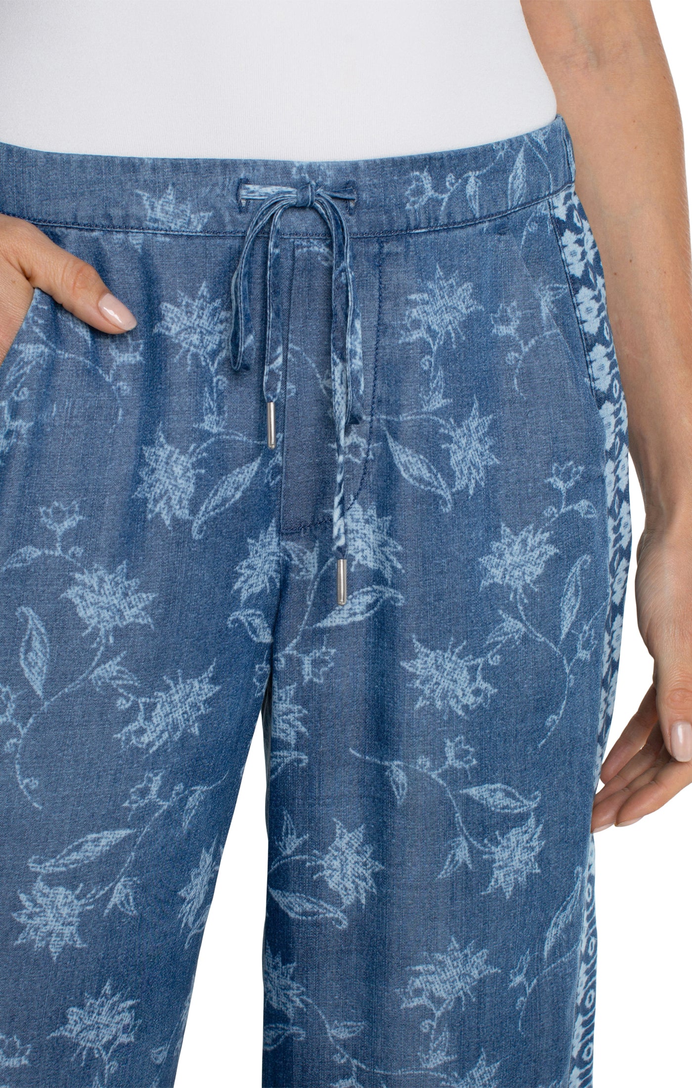 LVP Pull On Wide Leg Crop Trouser - Indigo Floral Close Up View