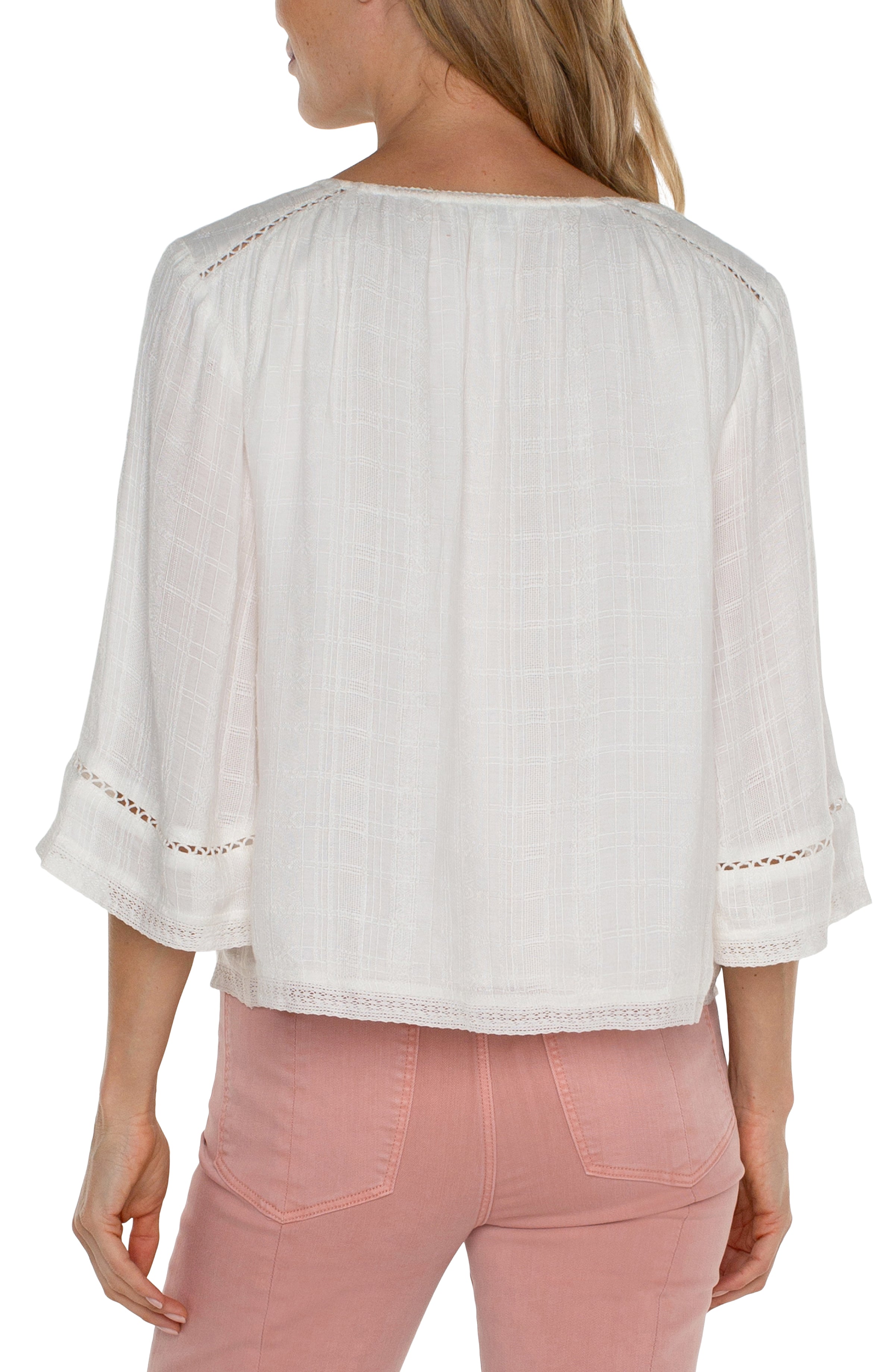 LVP Shirred Woven Front Tie Top - Off White Back View