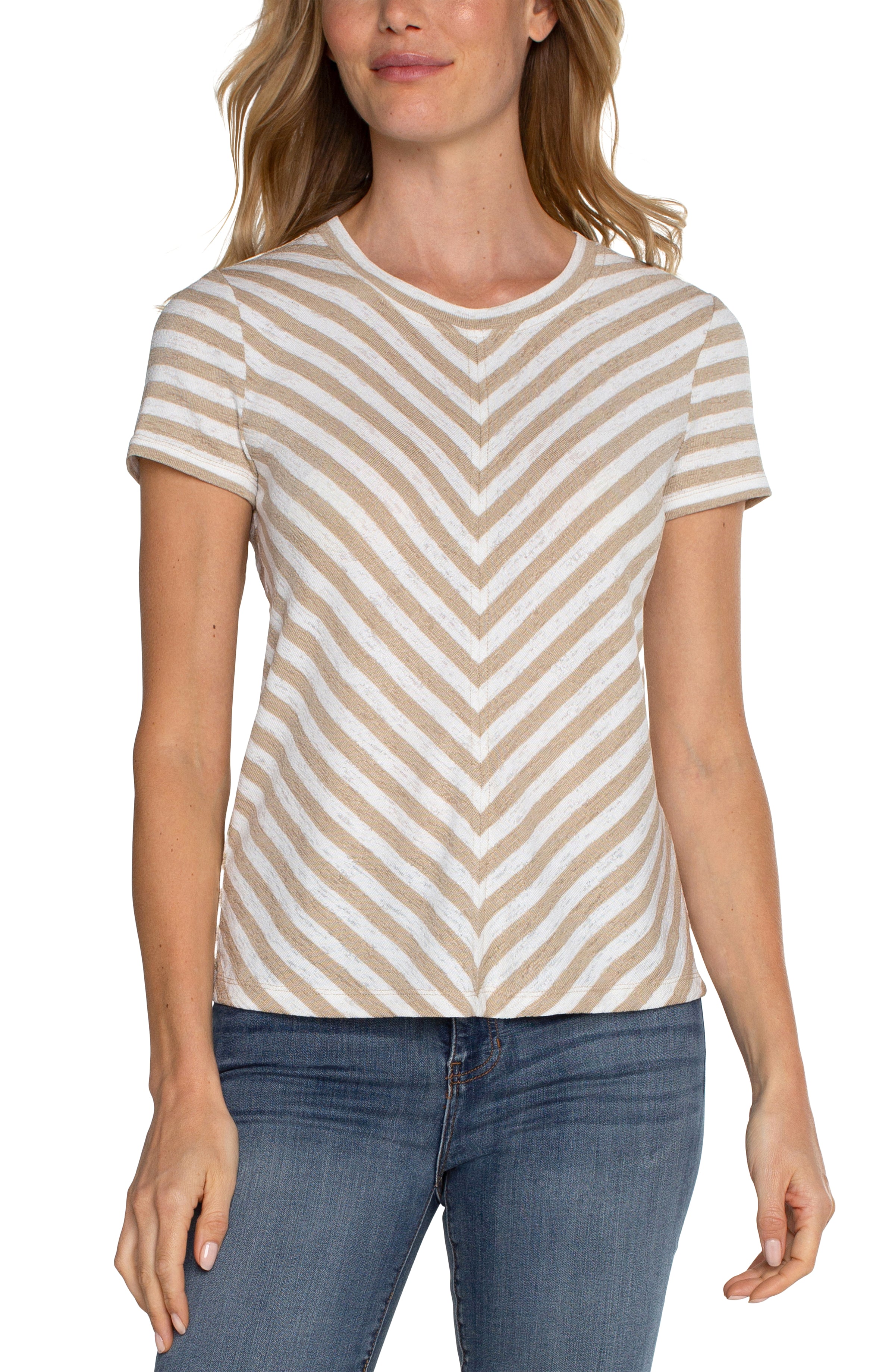 LVP Short Sleeve Kit Top - Cream with Tan Stripe Front View