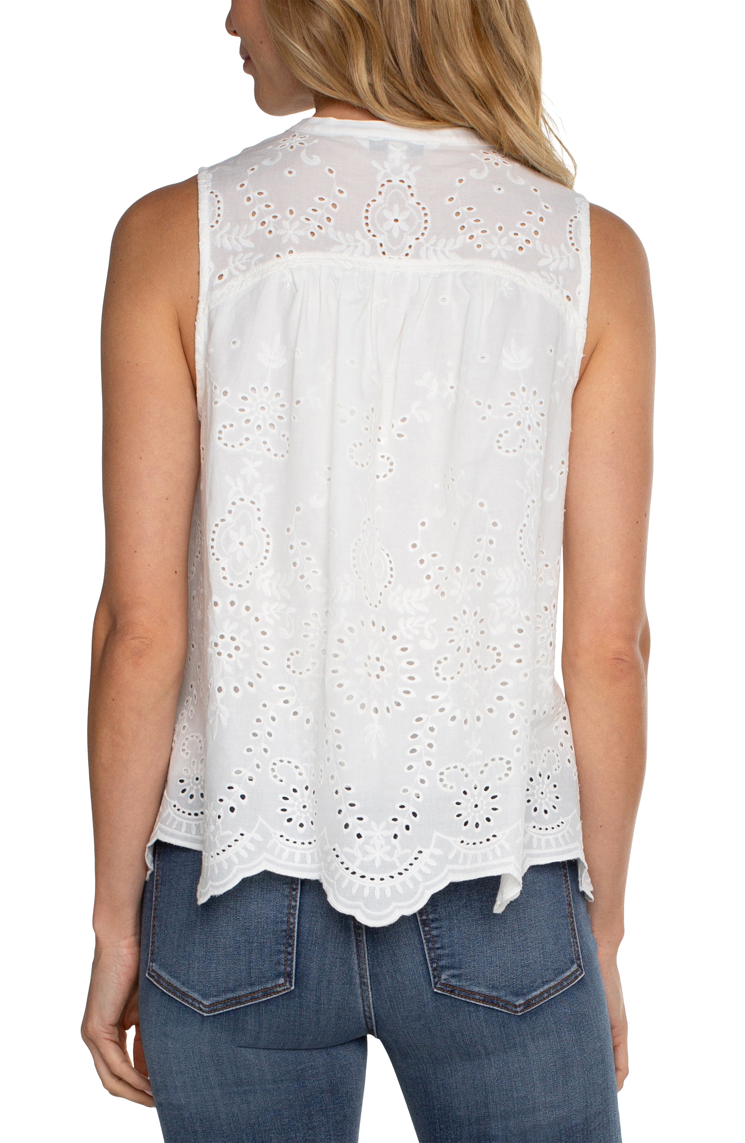 LVP Sleeveless Embroidered Woven Top with Pin tucks - White Back View