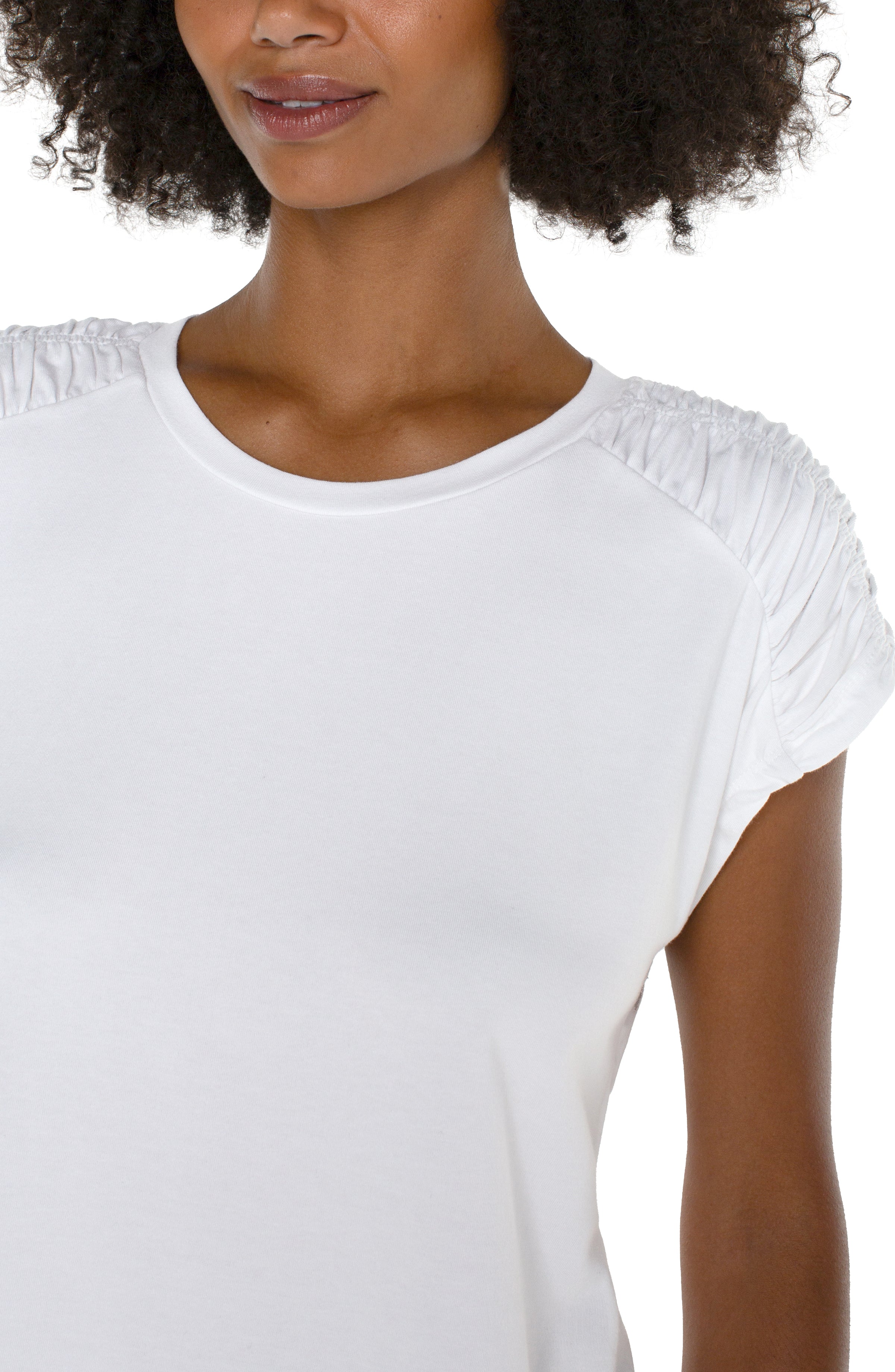 Liverpool Smocked Shoulder Scoop Neck Tee - White Close Up View