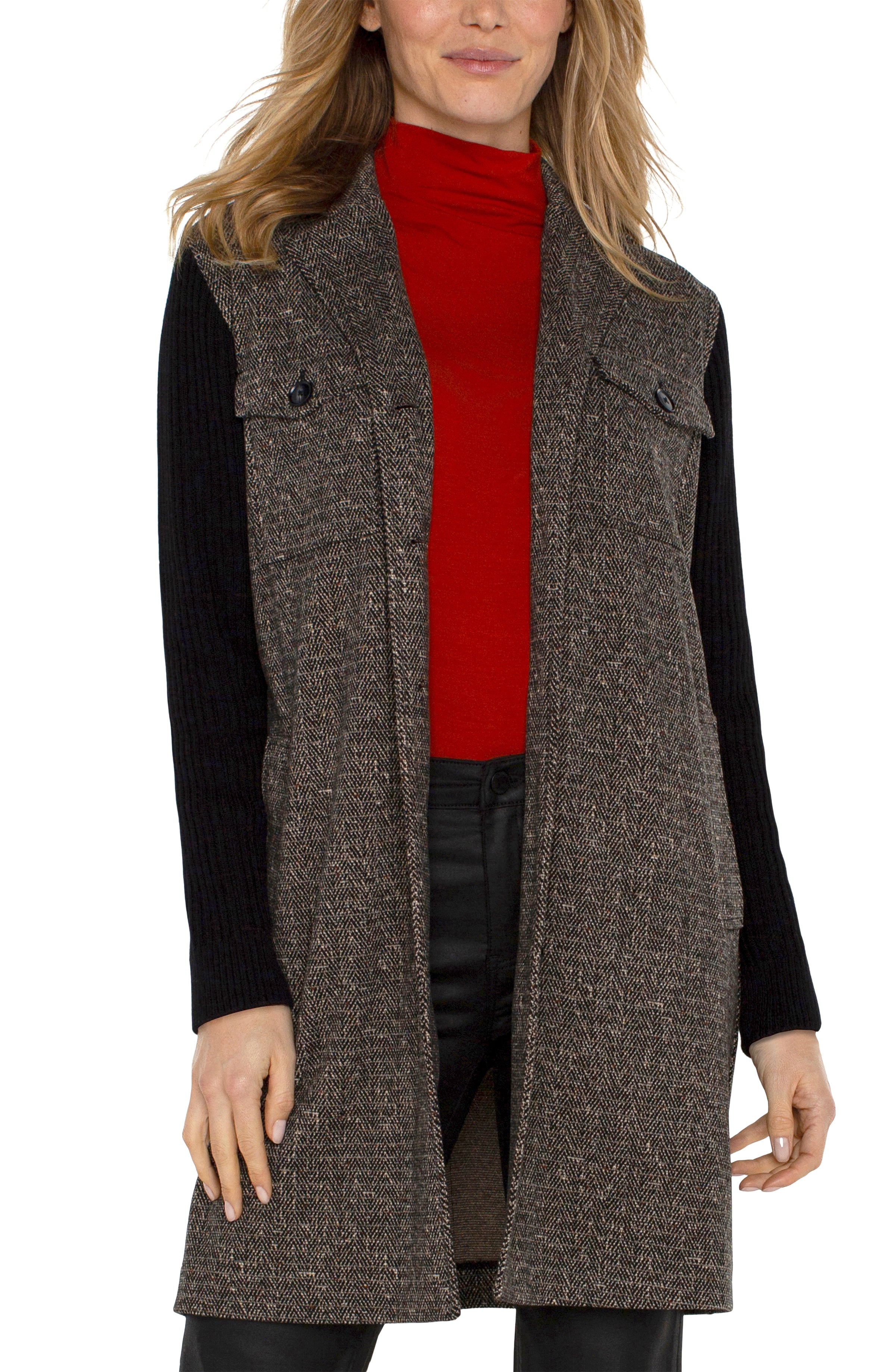 Liverpool Coatigan w Sweater Sleeves - Black Tan Herringbone Front View