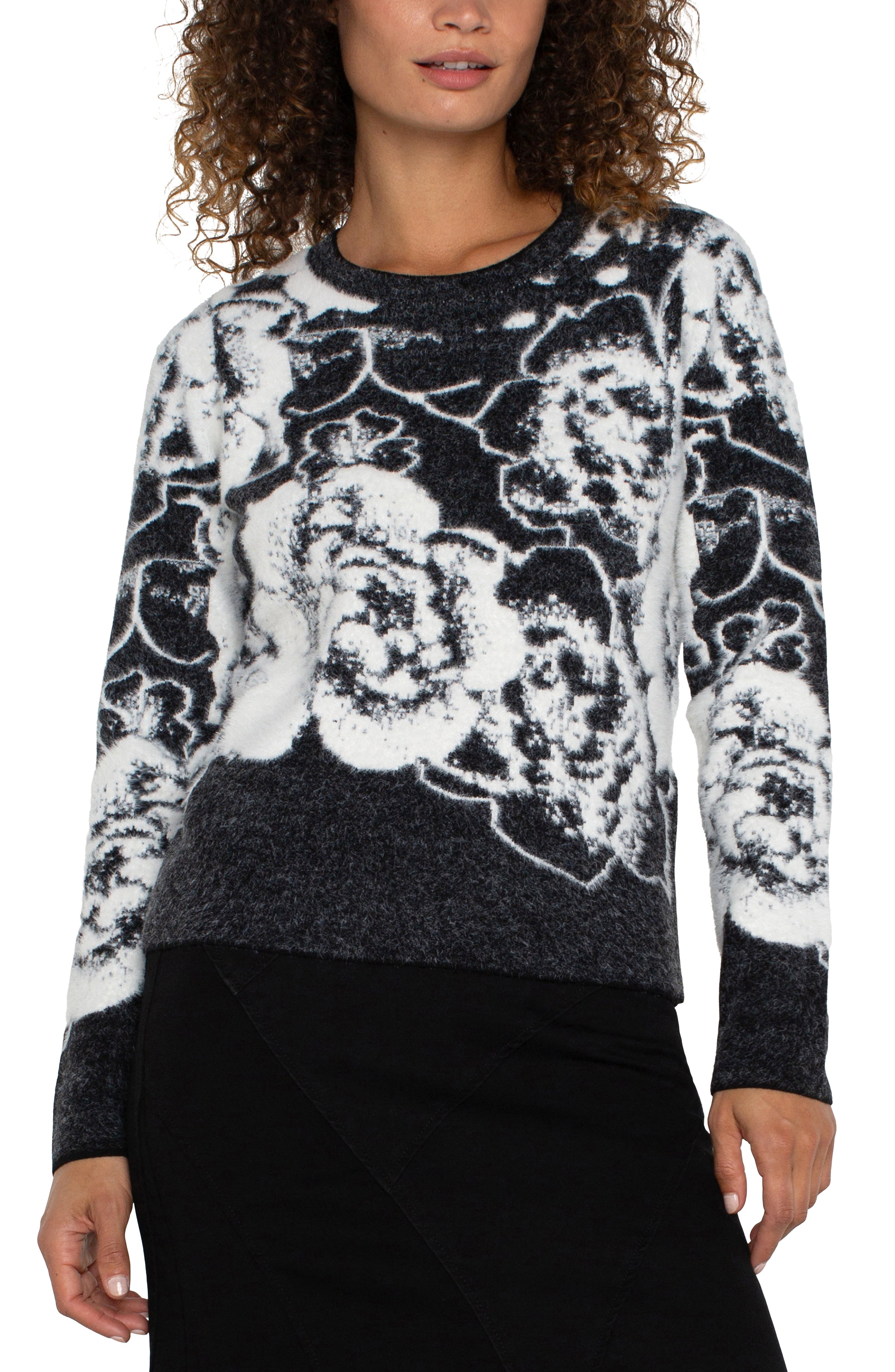 Liverpool Long Sleeve Crew Neck Sweater - Black White Floral Front View