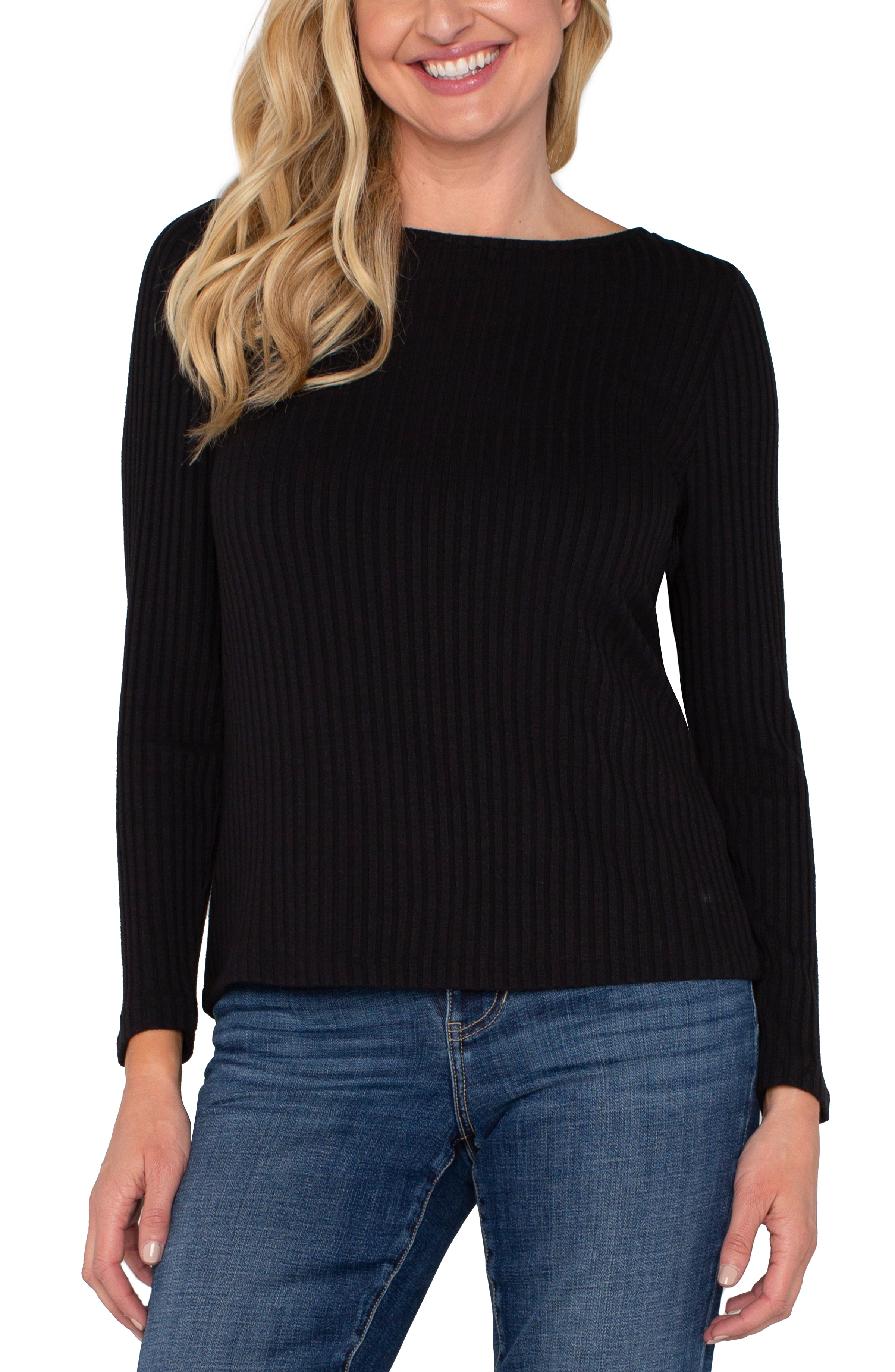 Liverpool Long Sleeve Ribbed Boat Neck Top - Black Front View