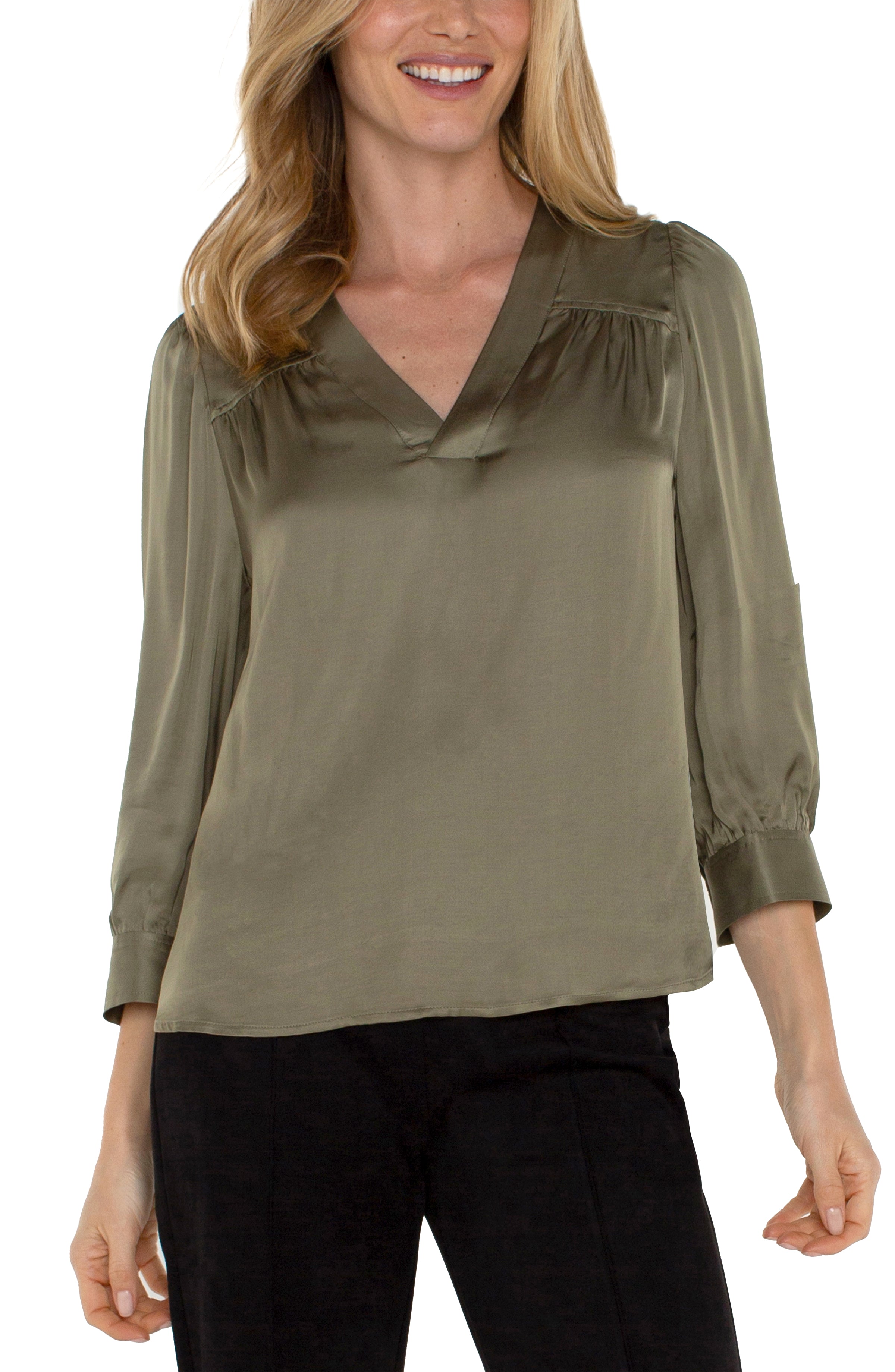 Liverpool Long Sleeve V Neck Blouse - Spanish Olive Front View