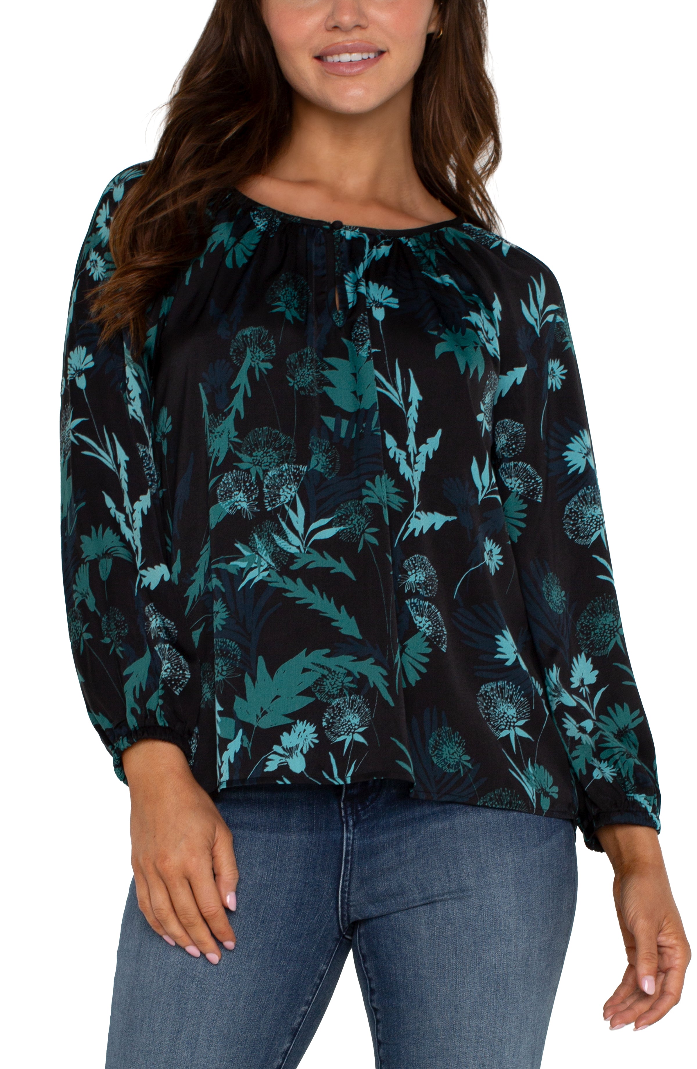 Liverpool Long Sleeve Woven Blouse - Malachite Foliage Front View