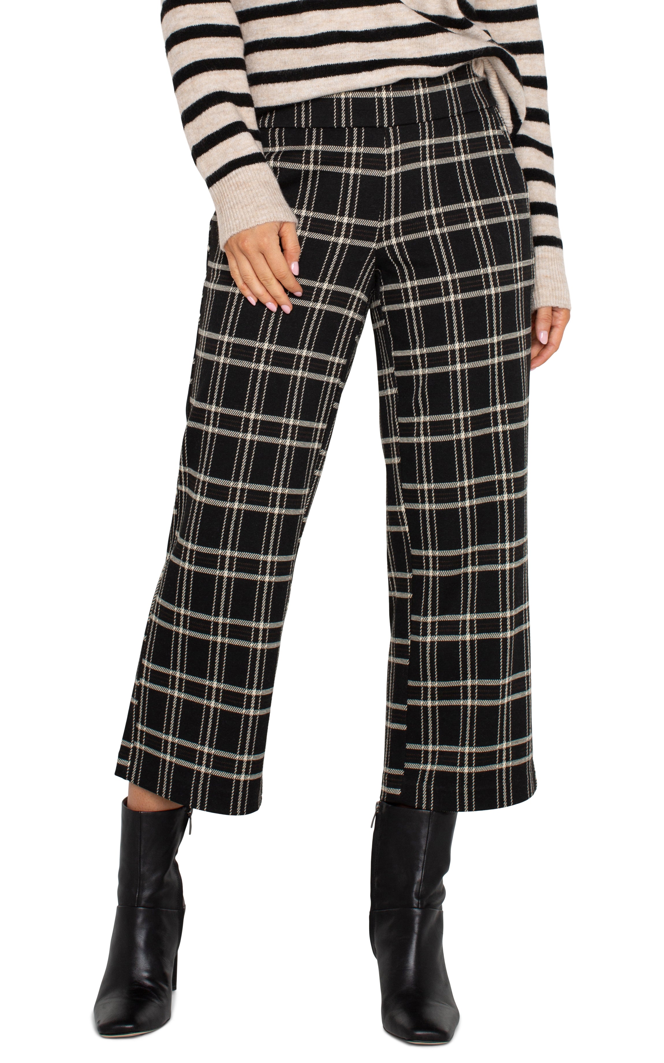 Liverpool Mabel Pull On Crop - Black Oatmeal Windowpane Front View