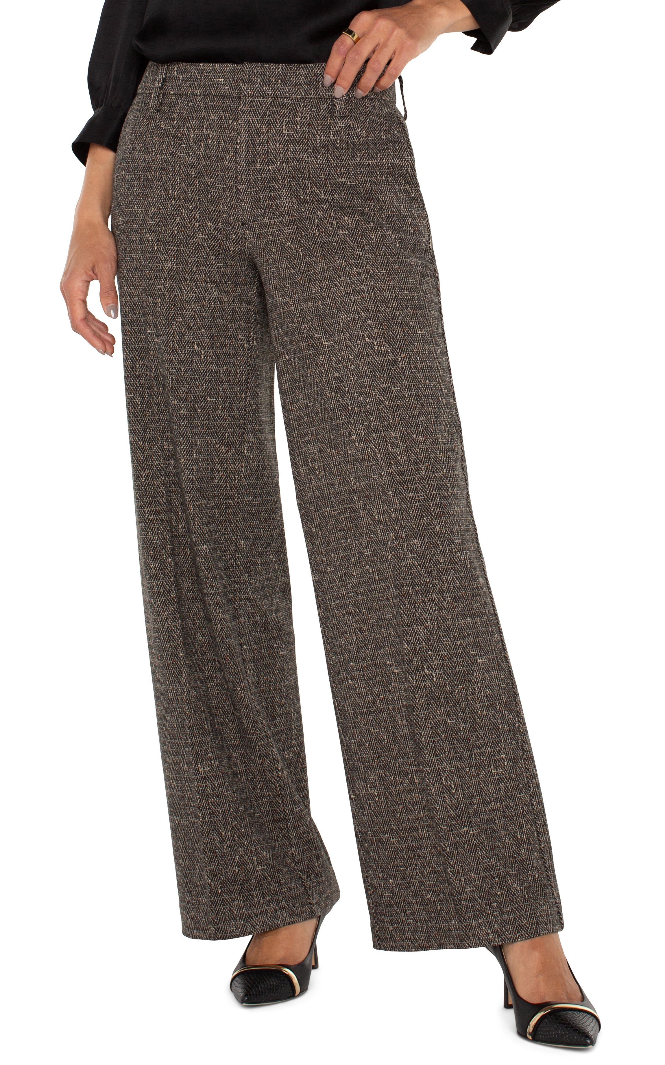 Liverpool Wide Leg Trouser - Black Tan Herringbone Front View